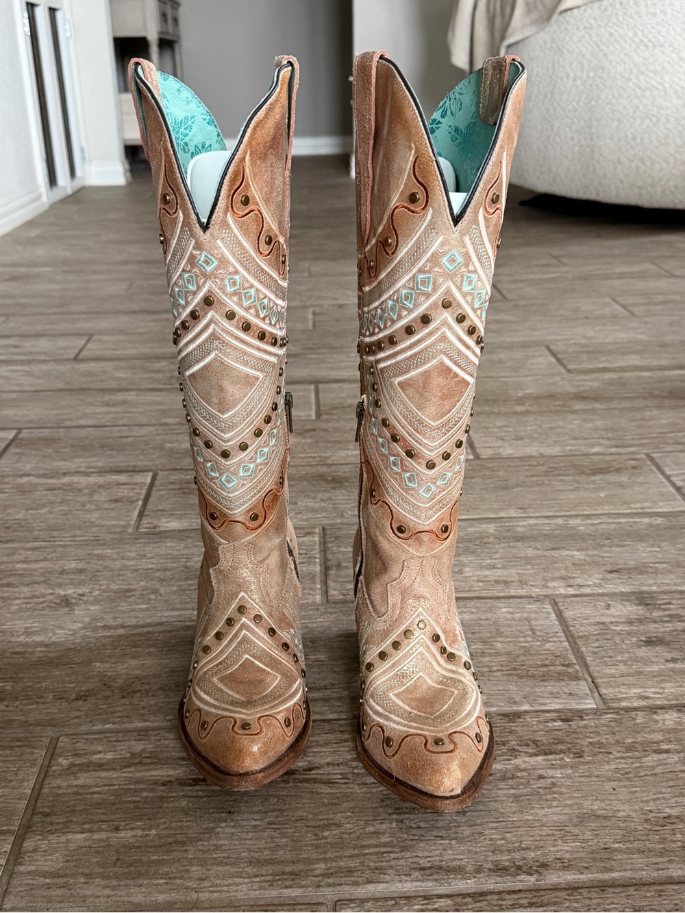 Corral Tan Over-the-Knee Embroidered Western Boots with Turquoise Accents